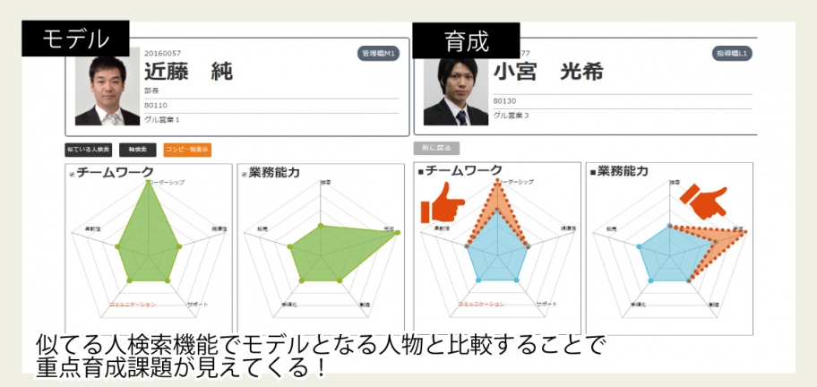The similarity search function allows comparison with a model person to identify priority training issues!